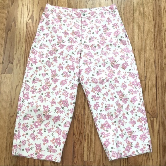 Vintage Villager High Rise Pink Floral Off White Straight Leg Cropped Pants - Picture 11 of 13
